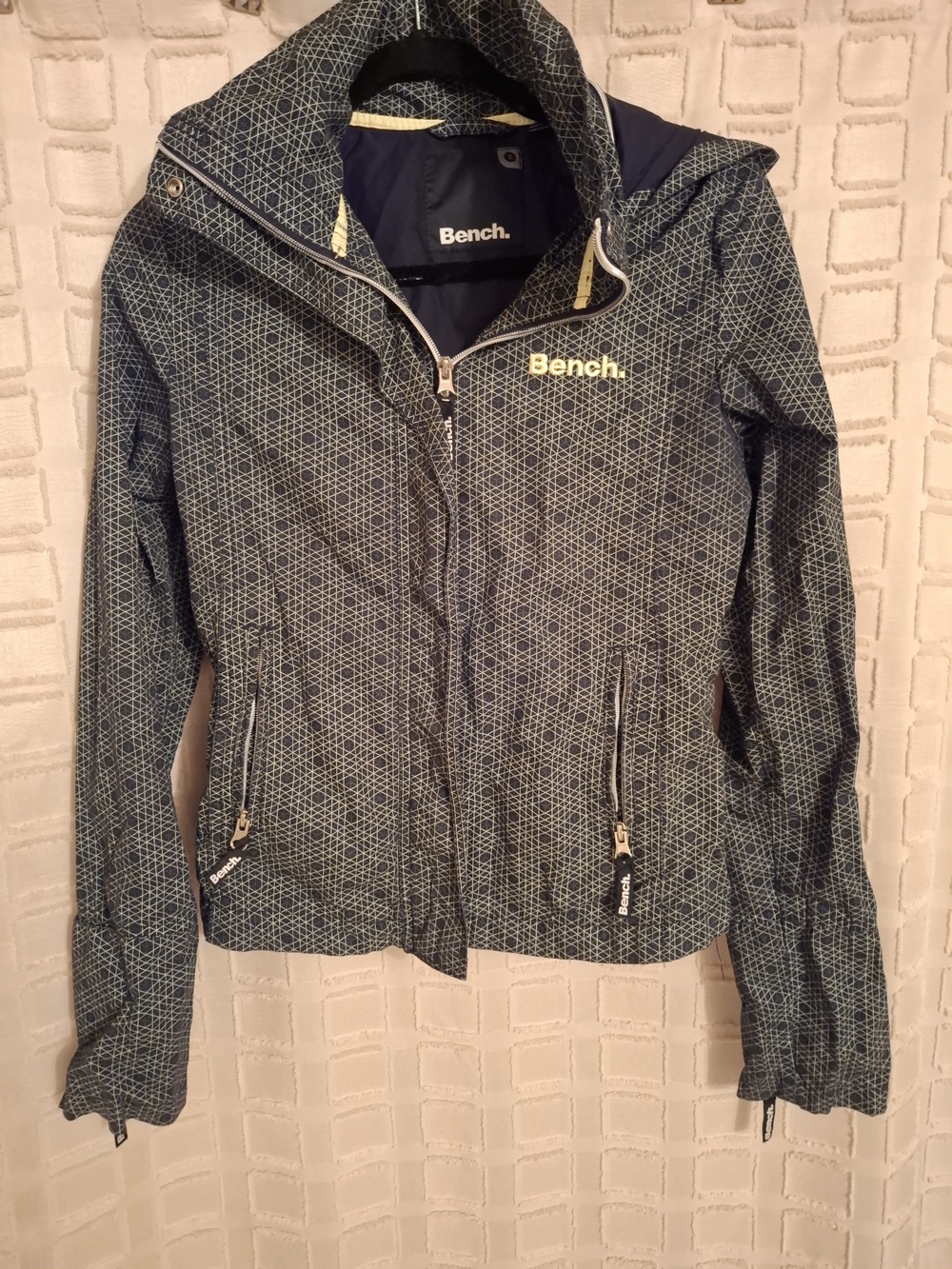Bench Women's Navy Geometric Hooded Utility Jacket with Lime Accents